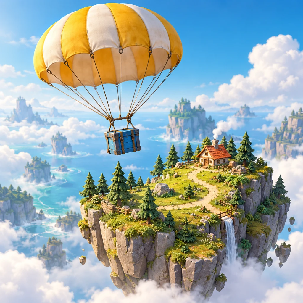 A yellow glider carrying a blue supply crate over a miniature grassy island