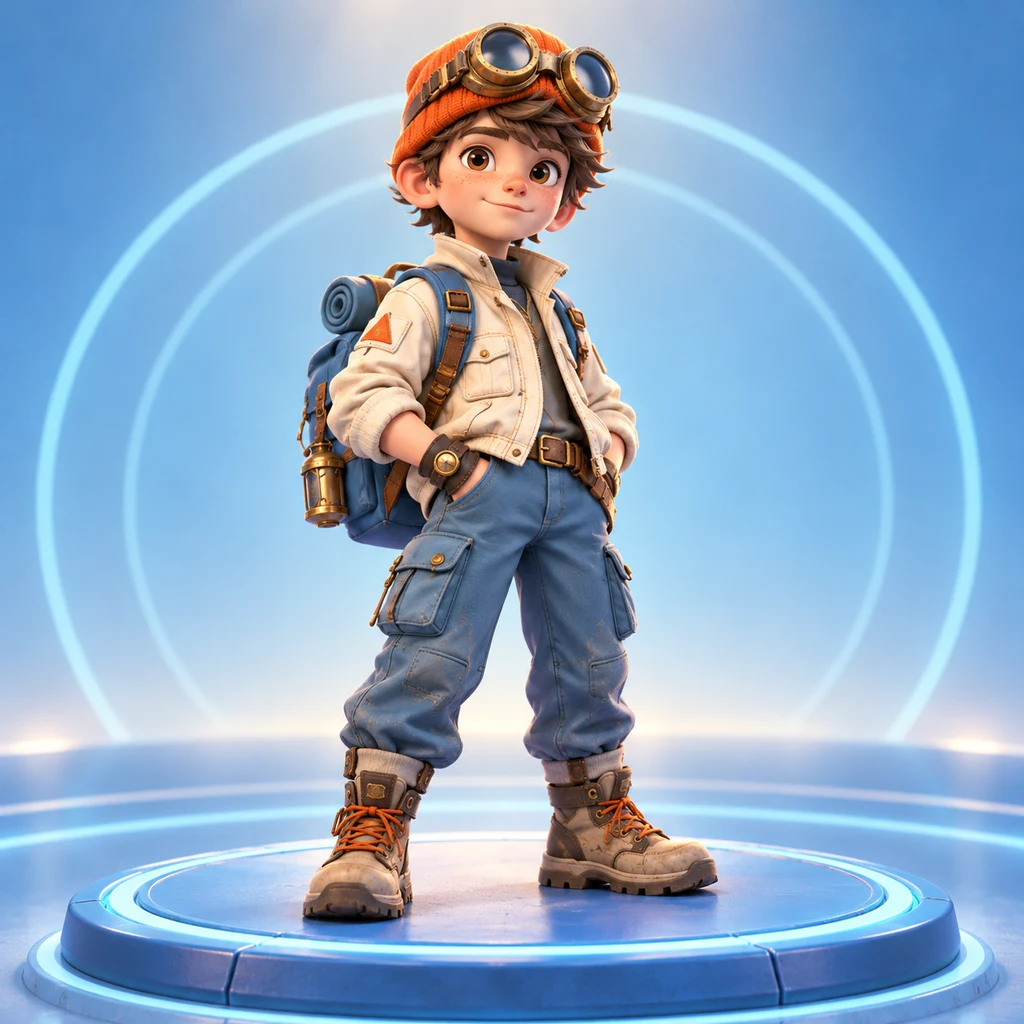 An original orange-beanie explorer on a glowing blue outfit-selection platform